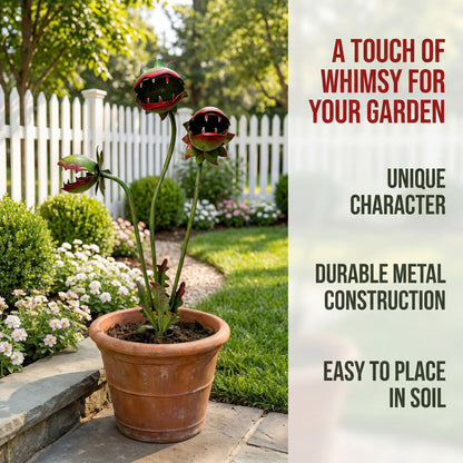 🐦 Early Bird: Free shipping 🚚 + 25% off 🔥 first 60 orders. 🎨 Whimsical hand-painted metal garden stake (carnivorous plant design 🌱). ☀️ Weatherproof, 🎁 unique gift for plant lovers 💚