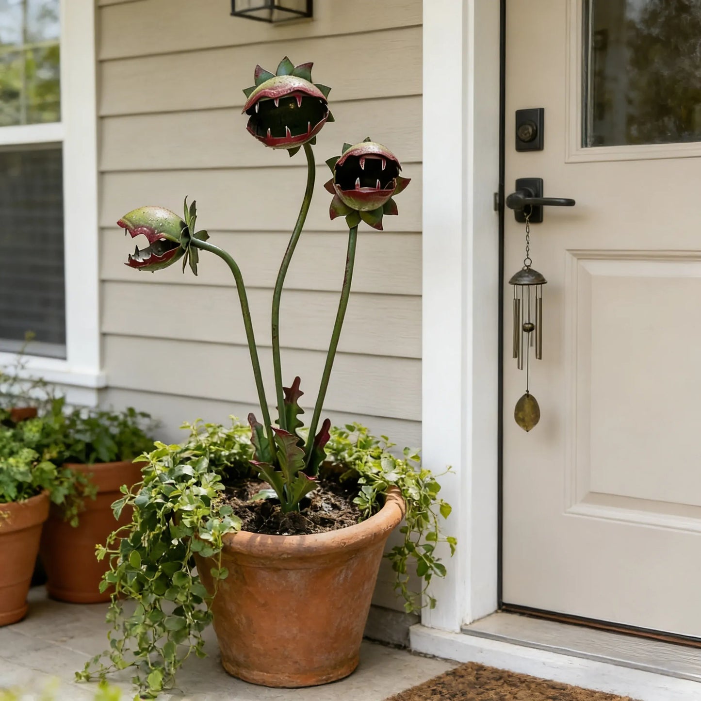 🐦 Early Bird: Free shipping 🚚 + 25% off 🔥 first 60 orders. 🎨 Whimsical hand-painted metal garden stake (carnivorous plant design 🌱). ☀️ Weatherproof, 🎁 unique gift for plant lovers 💚