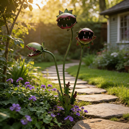 🐦 Early Bird: Free shipping 🚚 + 25% off 🔥 first 60 orders. 🎨 Whimsical hand-painted metal garden stake (carnivorous plant design 🌱). ☀️ Weatherproof, 🎁 unique gift for plant lovers 💚