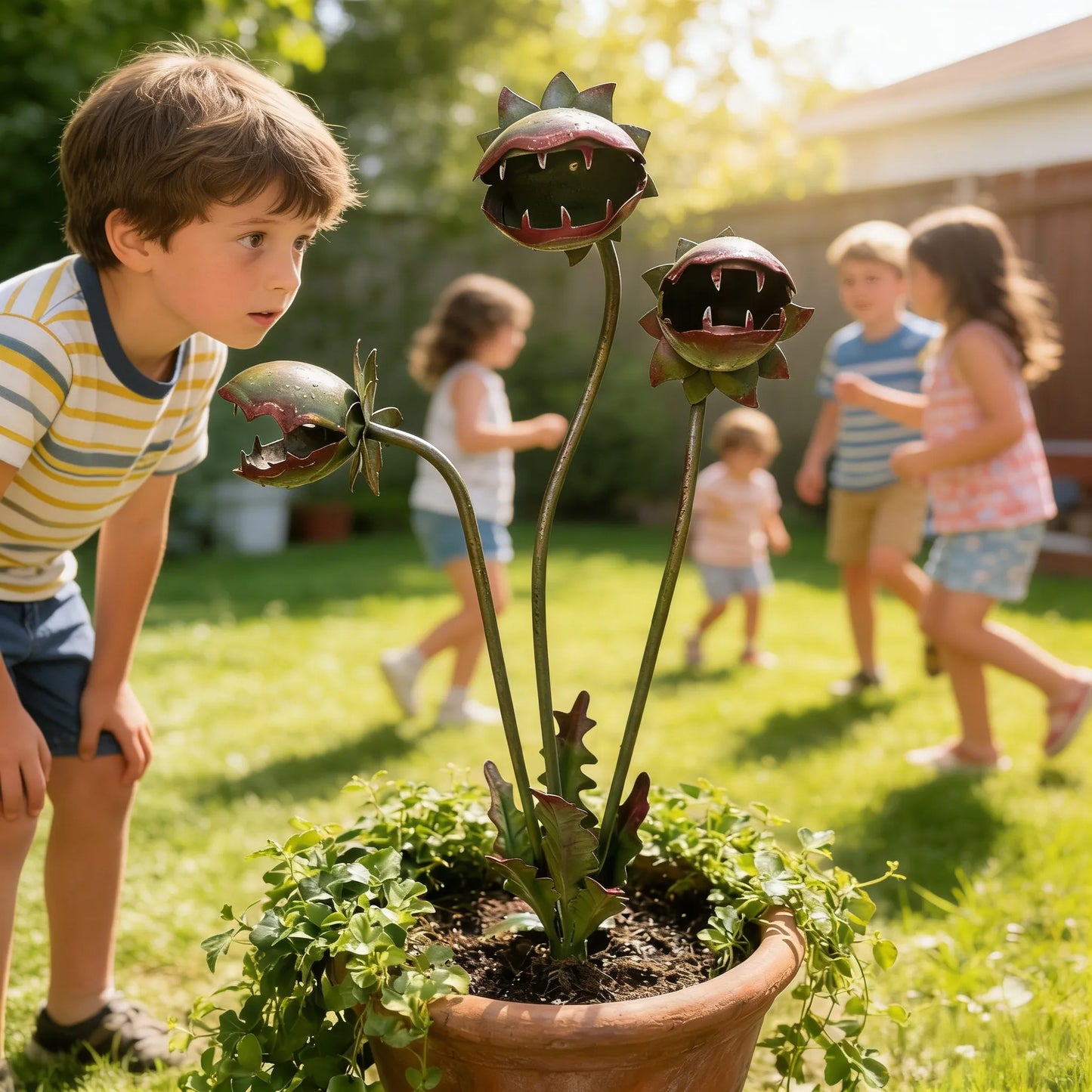 🐦 Early Bird: Free shipping 🚚 + 25% off 🔥 first 60 orders. 🎨 Whimsical hand-painted metal garden stake (carnivorous plant design 🌱). ☀️ Weatherproof, 🎁 unique gift for plant lovers 💚
