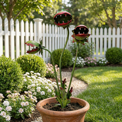 🐦 Early Bird: Free shipping 🚚 + 25% off 🔥 first 60 orders. 🎨 Whimsical hand-painted metal garden stake (carnivorous plant design 🌱). ☀️ Weatherproof, 🎁 unique gift for plant lovers 💚
