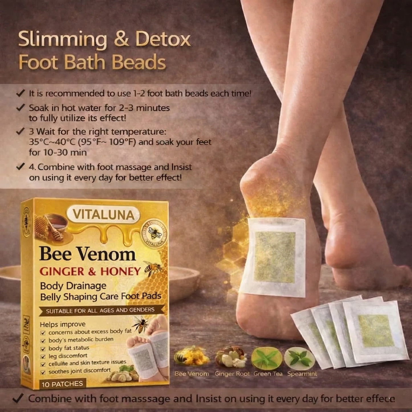 🏆50K+ SOLD LAST WEEK!  - 🌿Bee Venom Ginger Herbal Foot Patches (Set of 10)-CU