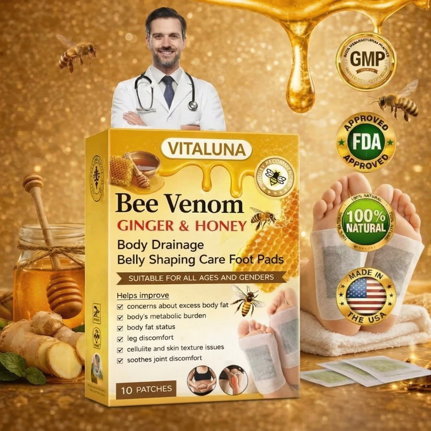 🏆50K+ SOLD LAST WEEK!  - 🌿Bee Venom Ginger Herbal Foot Patches (Set of 10)-CU