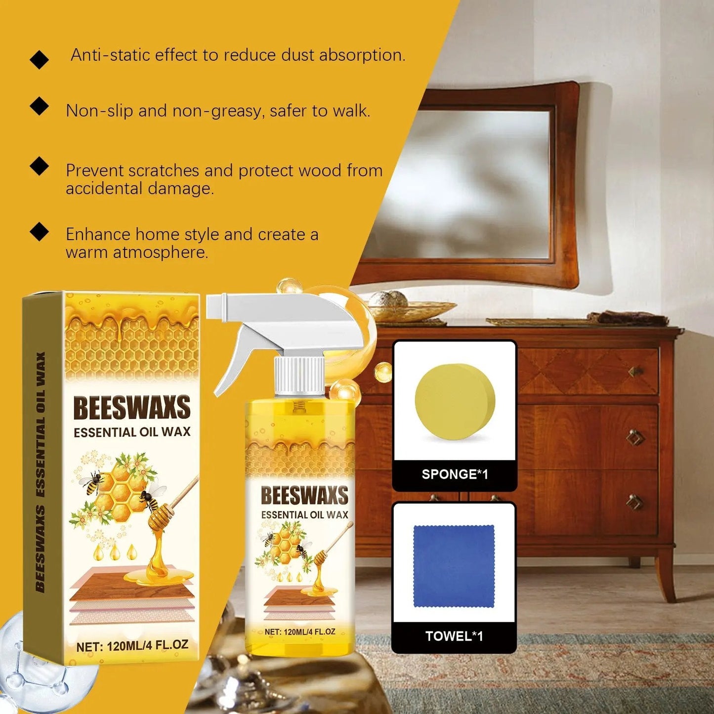 ⚡💥 50% OFF 🏷️ – First 50 orders only ⏳! 🔥💥 🪑🚫🧴 Beeswax Wood Polish Spray 🐝✨ 120ml 🧴 – Non-Greasy 🚫🛢️, Anti-Dust 🧹❌ | Natural Shine 🌿✨ for Wood Furniture 🪑, Floors 🚪 & Cabinets 🗄️💎